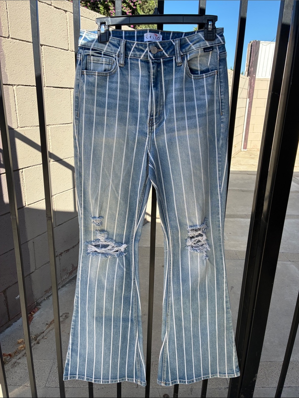 Cello Light Blue Striped Distressed Flare Jeans